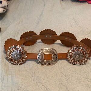 Boho Lady Danim Concho Genuine Leather Brown Belt with Silver Accents